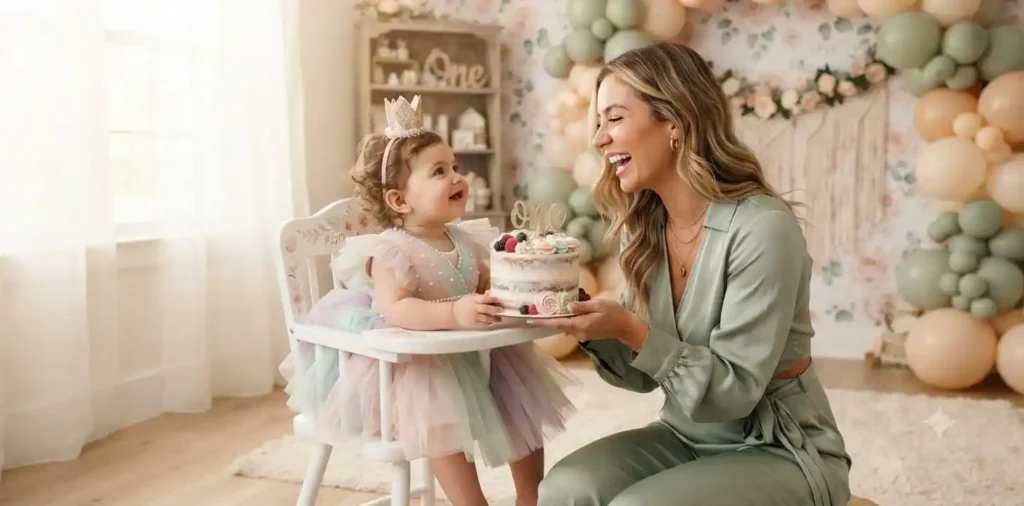 Baby girl celebrating first birthday with family