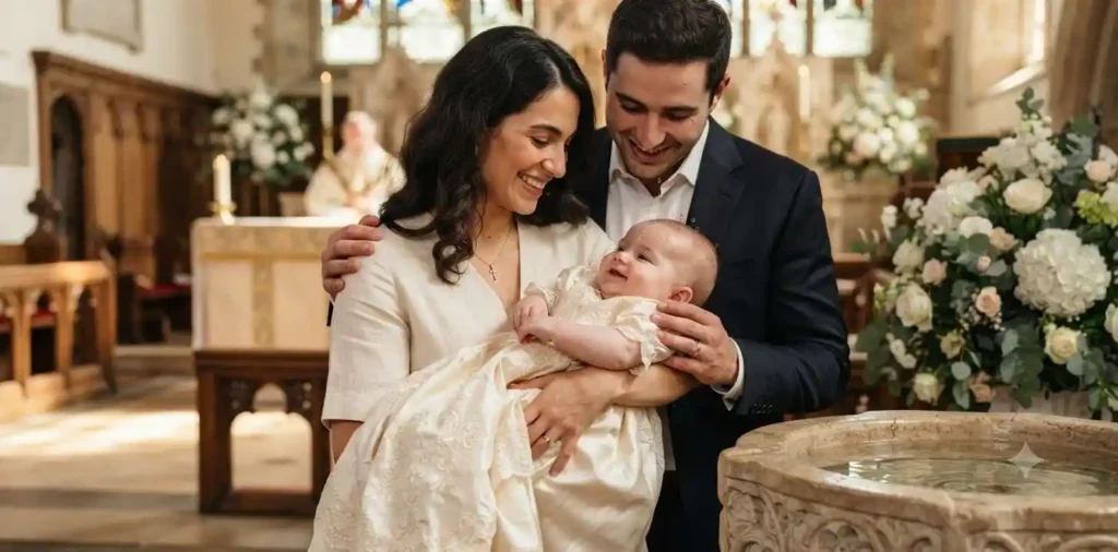 Baby baptism ceremony inside a peaceful church