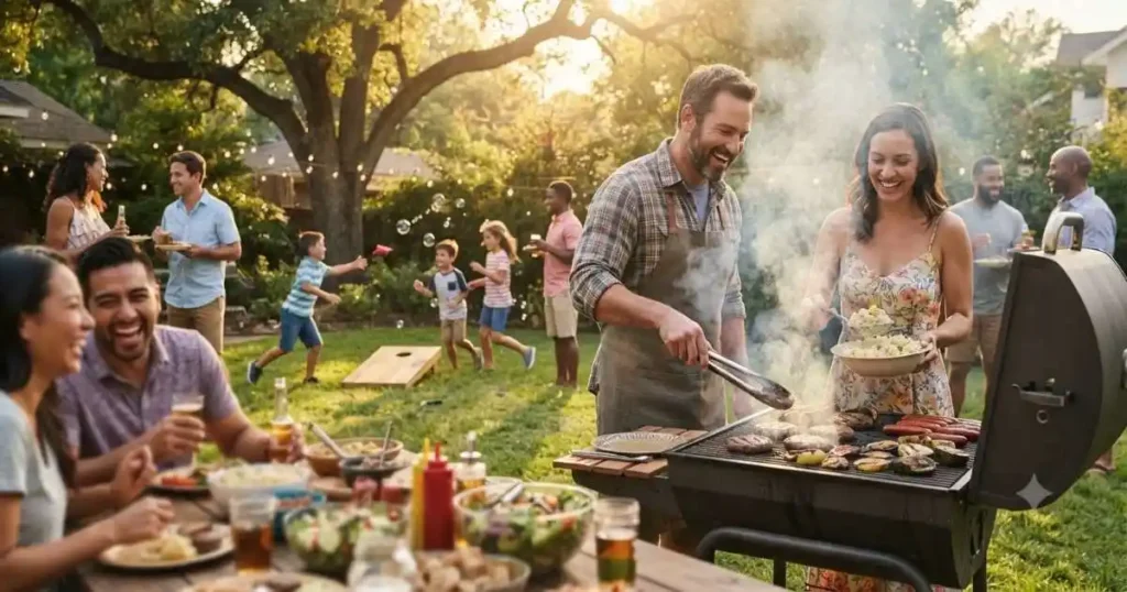 Friends grilling burgers at a backyard cookout