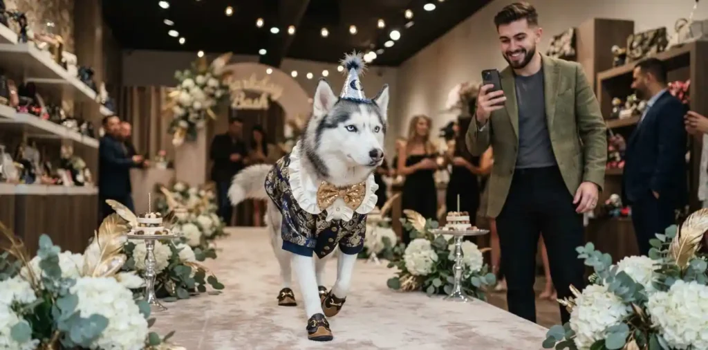 Husky wearing stylish birthday outfit indoors
