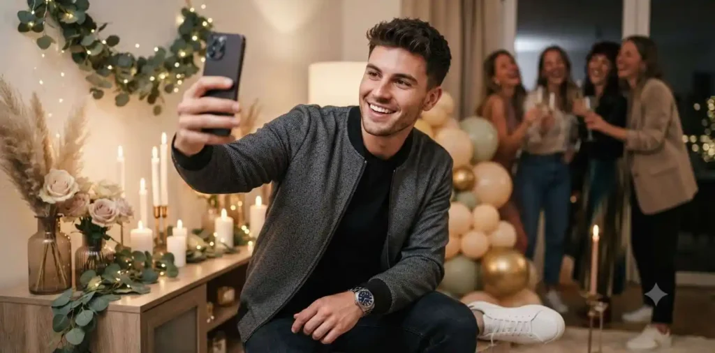 Woman taking birthday selfie at celebration