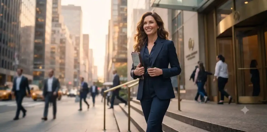 Professional leader walking confidently into office