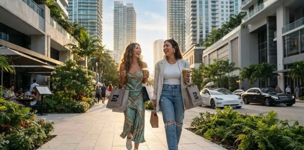 Friends walking through Brickell business district