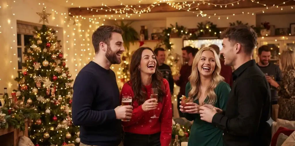 Friends celebrating beside colorful holiday lights