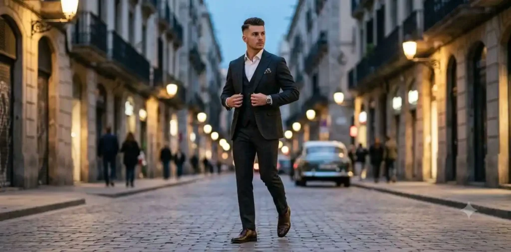 Man wearing stylish suit in city