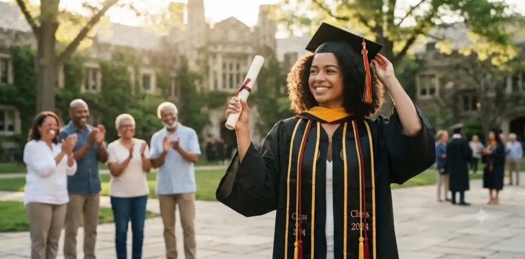 College graduate holding diploma beside campus building