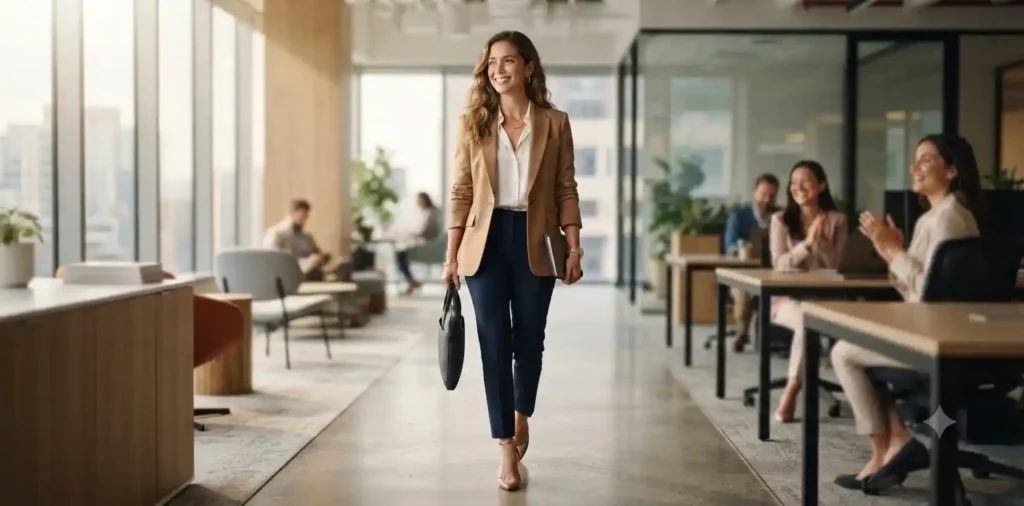 Businessman walking confidently through modern office