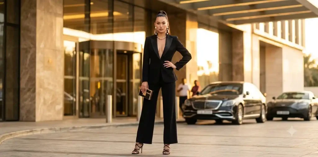 Fashionable woman posing near luxury building
