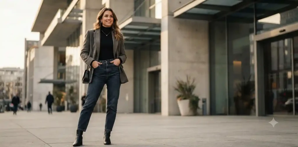 Stylish person walking confidently through downtown