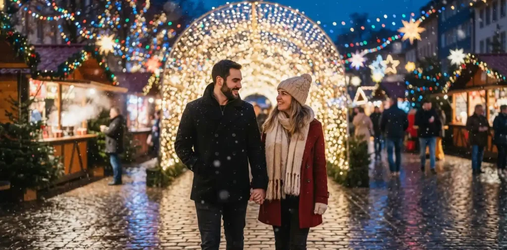 Couple holding hands beneath festive Christmas lights