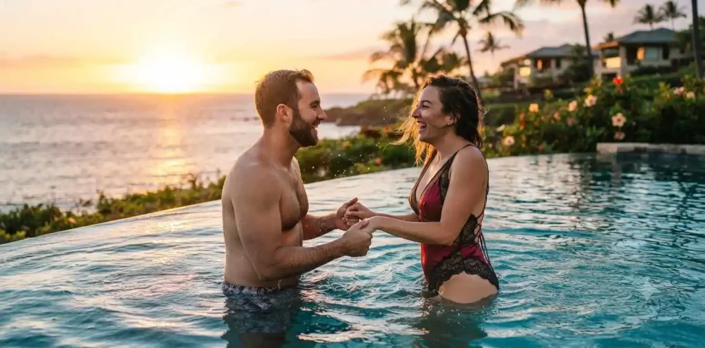 Couple smiling together in an infinity pool