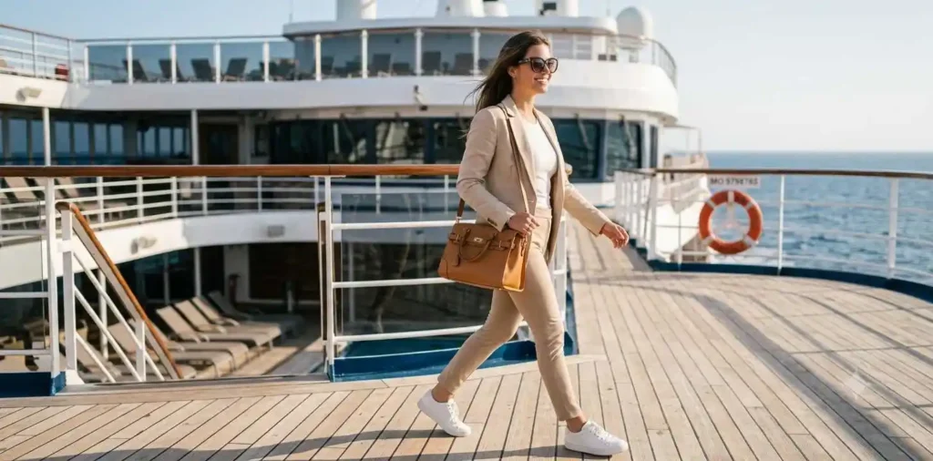 Woman walking on luxury cruise deck
