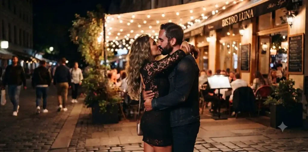 Couple sharing a kiss outside a cozy restaurant