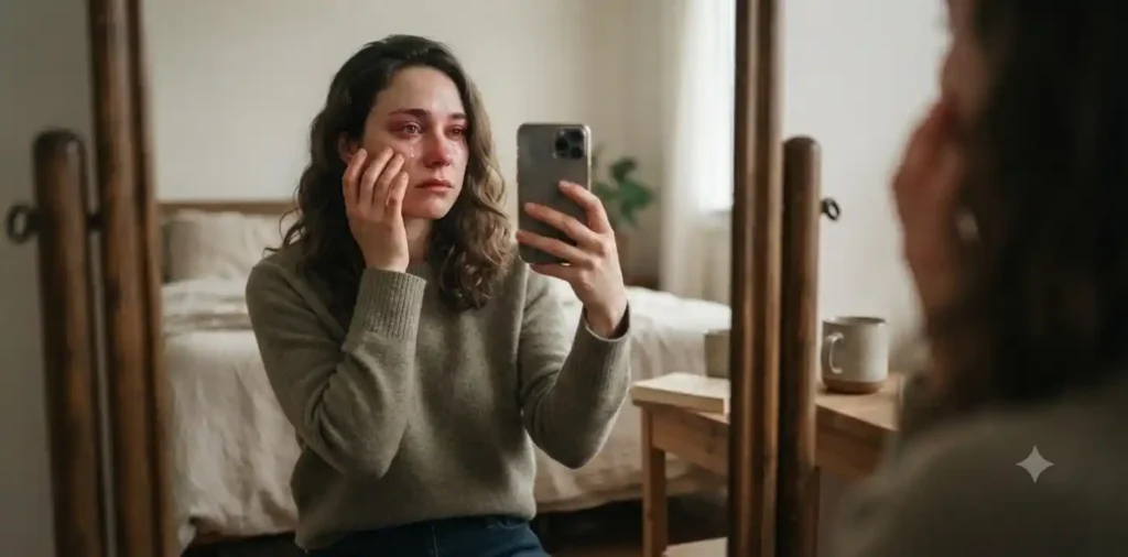 Young woman taking a reflective mirror selfie