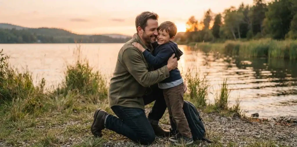 Father hugging son at sunset
