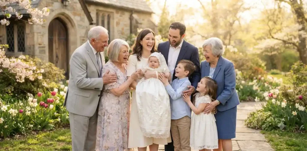 Family celebrating a baby's baptism together