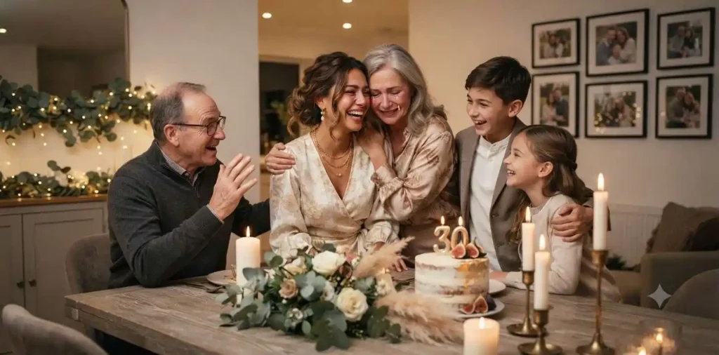 Family celebrating birthday together at home