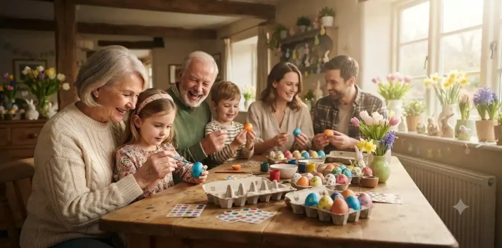 Family decorating Easter eggs together