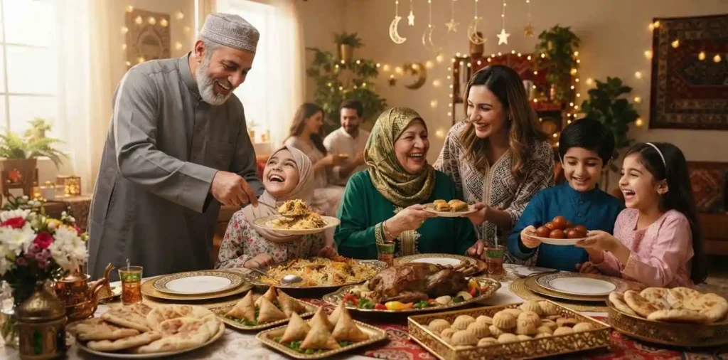 Large family sharing Eid meal indoors