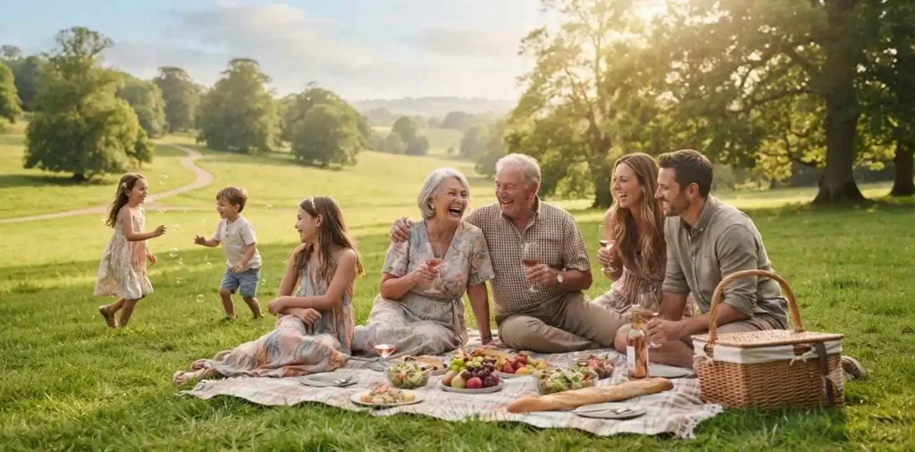 Family enjoying a sunny holiday picnic together