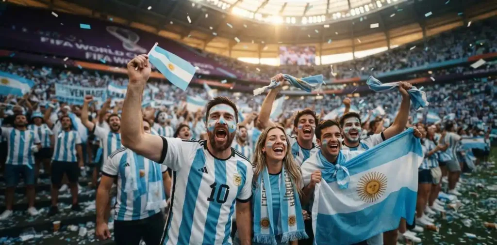 Argentina fans cheering during a World Cup match