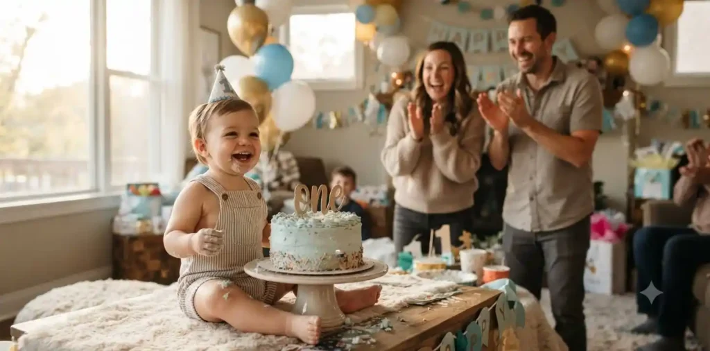 Baby boy smiling beside birthday cake