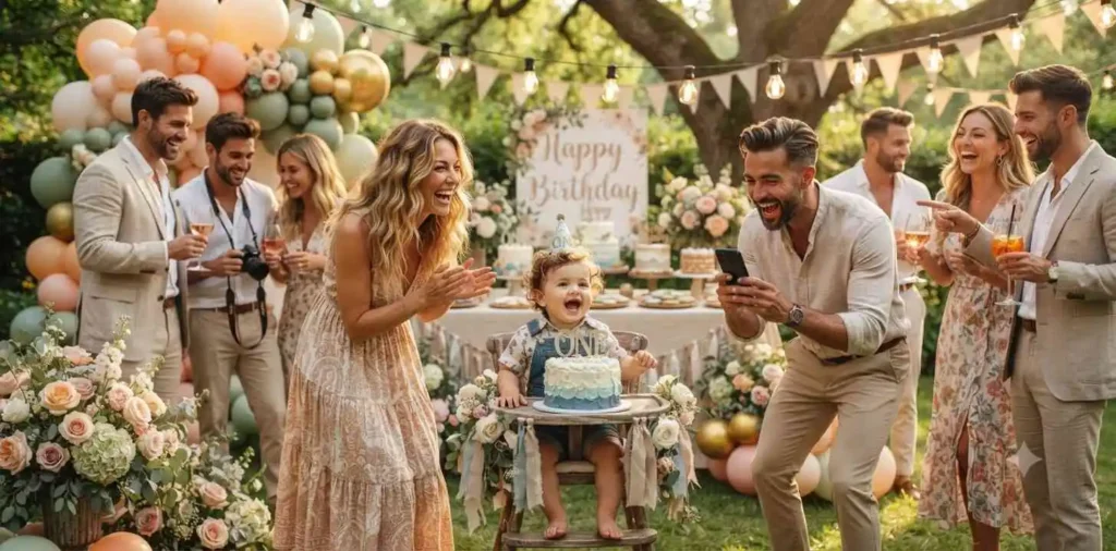 Family celebrating baby birthday party outdoors