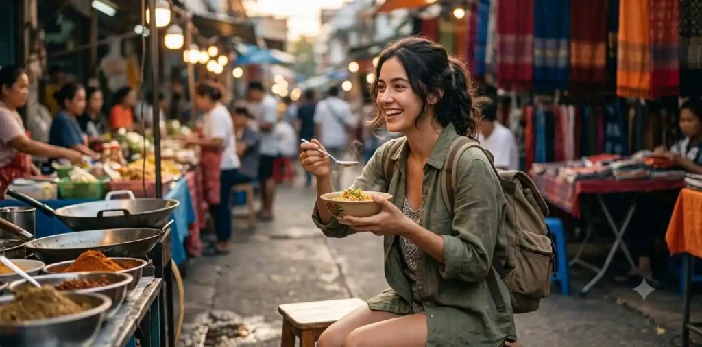Traveler enjoying local street food at market