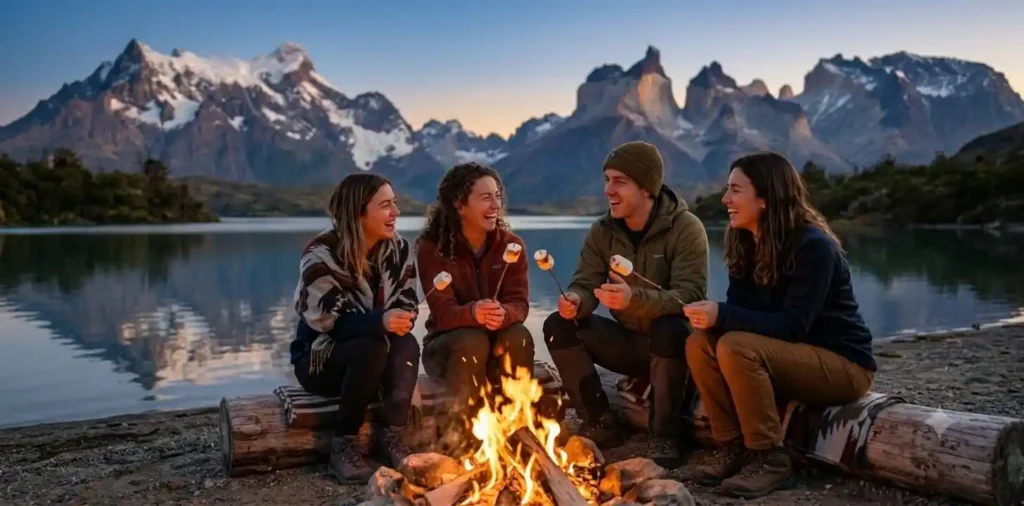 Friends laughing together beside a lakeside campsite