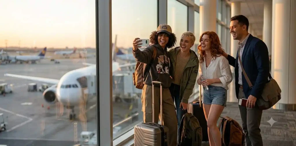 Friends posing near airplane before travel