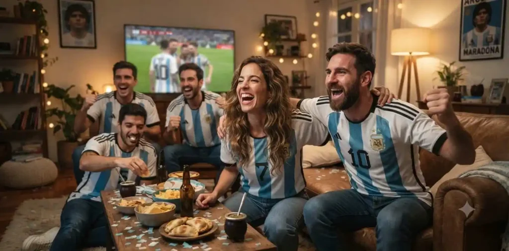 Friends watching a football match together indoors