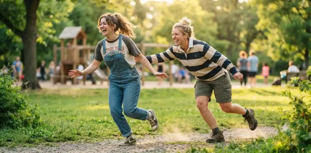 Two friends laughing during a playful childhood memory recreation