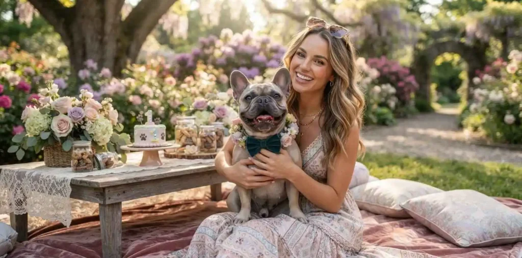 Woman hugging birthday dog at picnic celebration