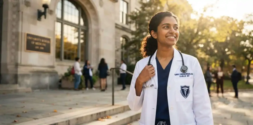 Medical student smiling proudly in white coat