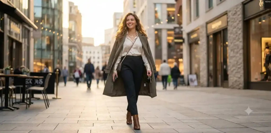 Woman confidently walking in a stylish city outfit
