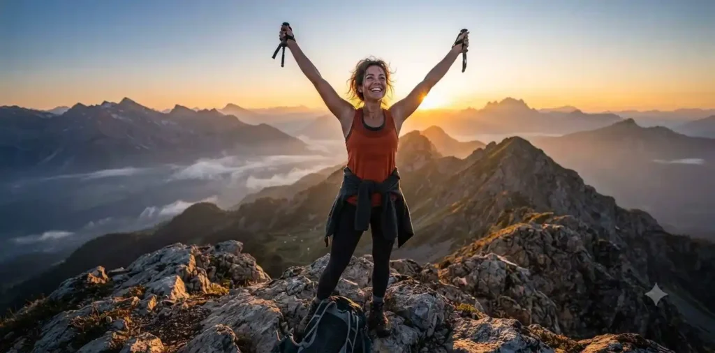Woman celebrating reaching a mountain summit