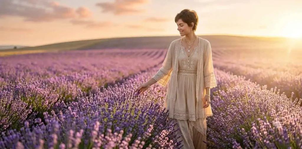 Woman enjoying golden sunrise in nature