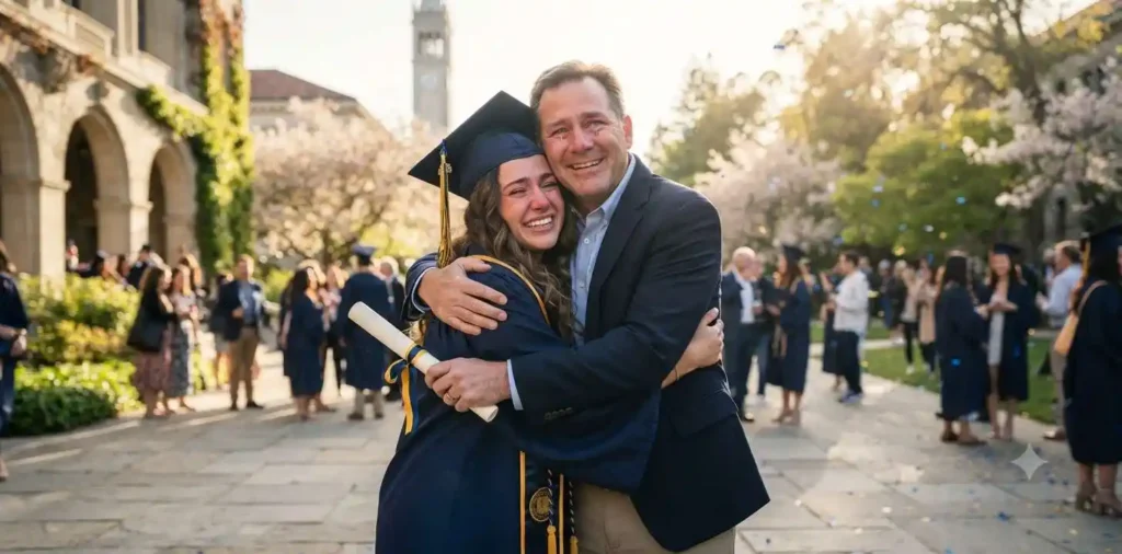 Father hugging daughter after graduation ceremony