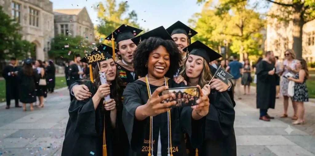 Graduate laughing while taking celebratory selfie