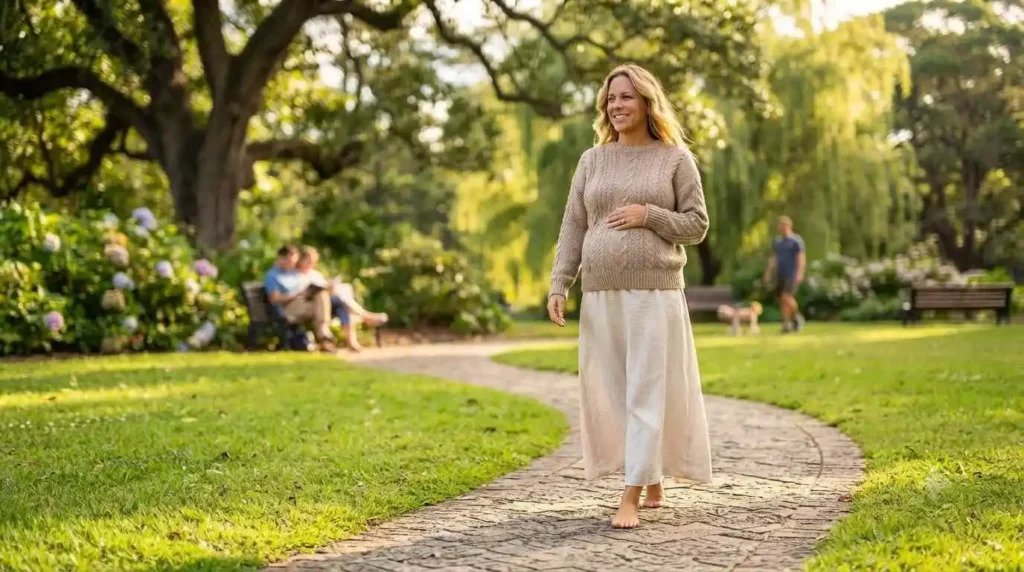 Pregnant woman smiling beside a nursery window