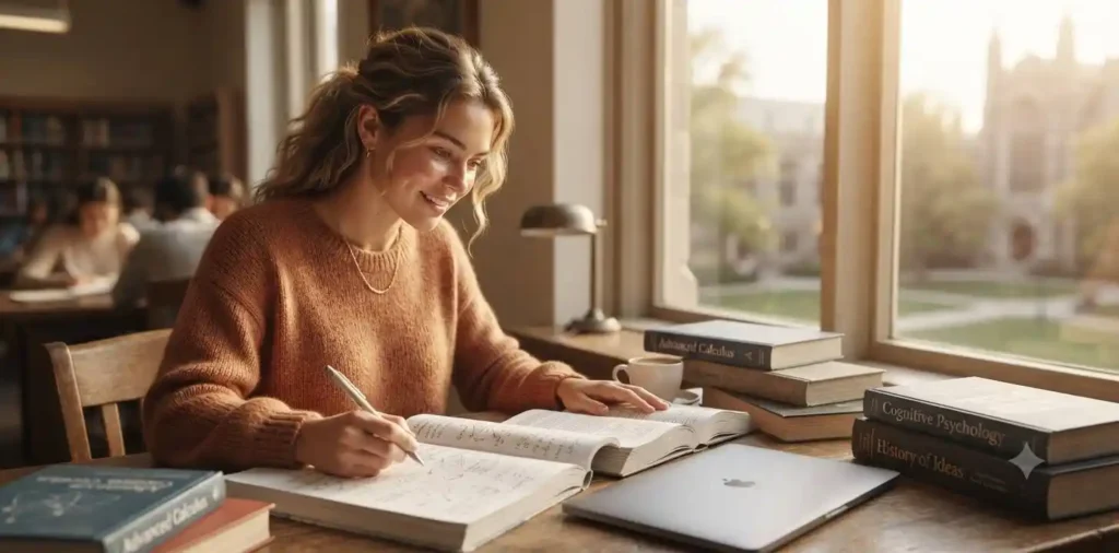 Student studying with notebook beside a bright window