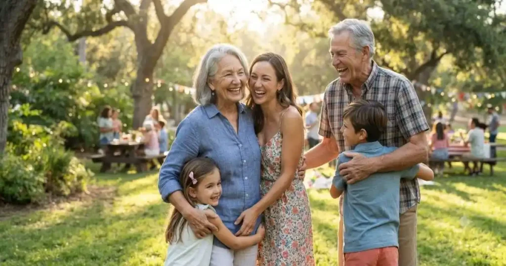 Family exchanging Labor Day greetings outdoors