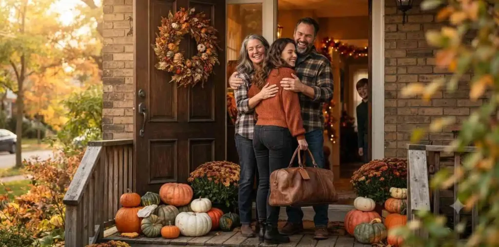 Woman arriving home for Thanksgiving celebration