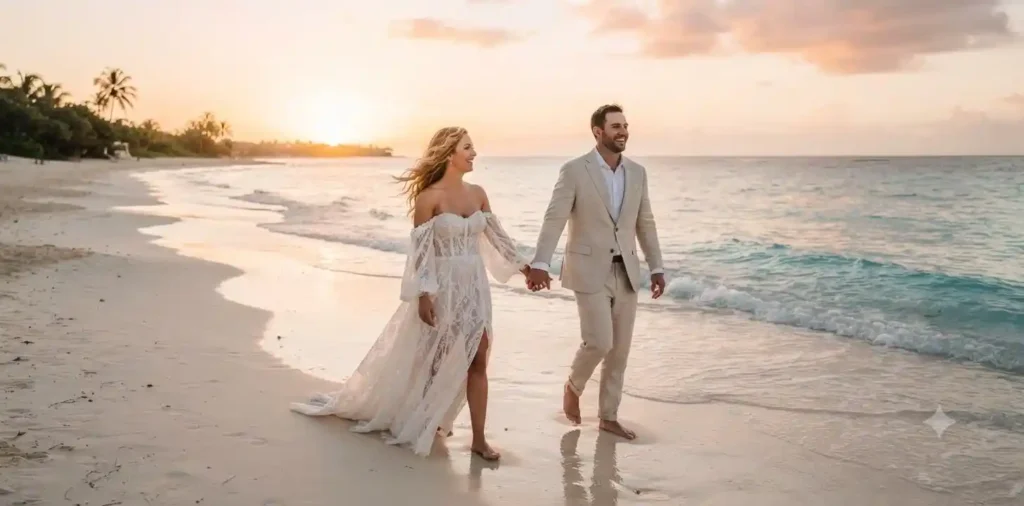Newlyweds walking hand in hand on a tropical beach
