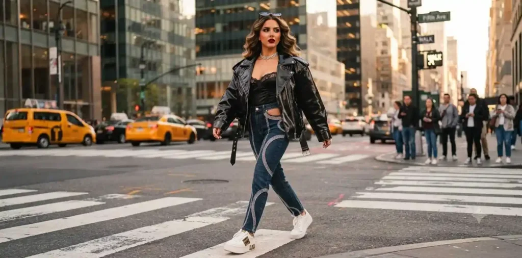 Confident woman posing on a city street