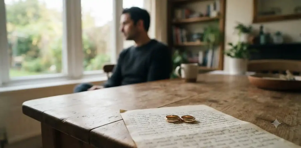 Wedding rings resting beside handwritten promise