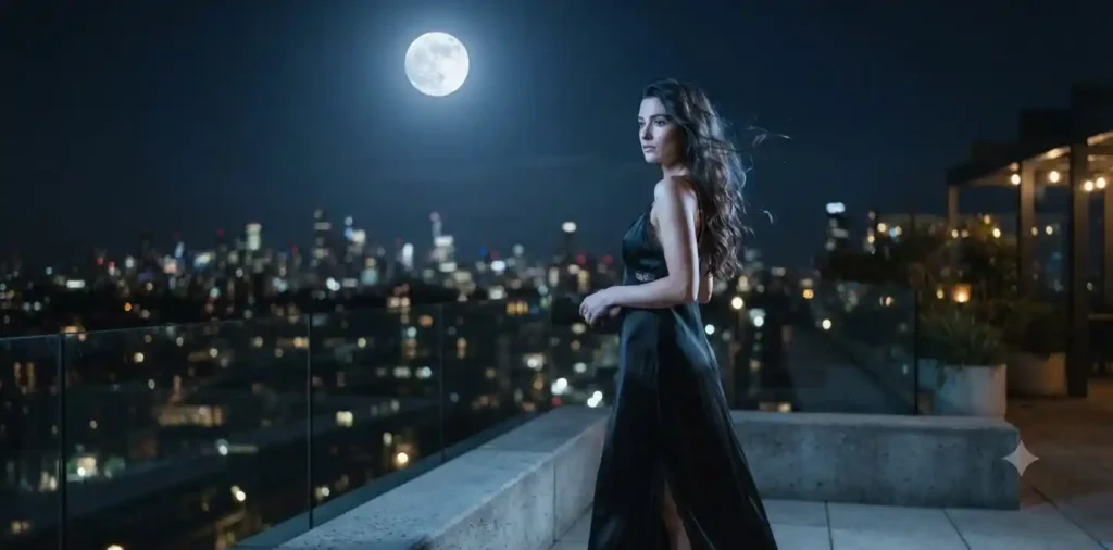 Woman watching the full moon from rooftop
