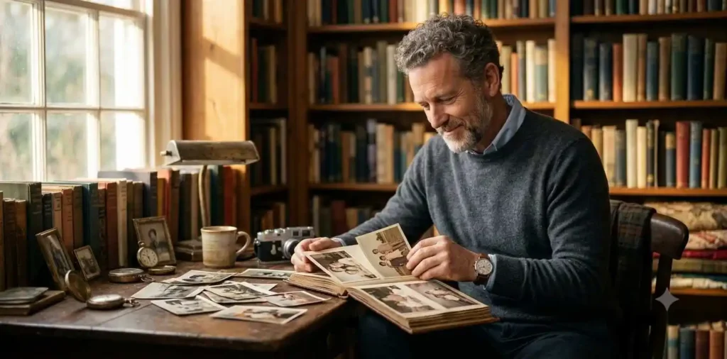 Man viewing old family photographs indoors