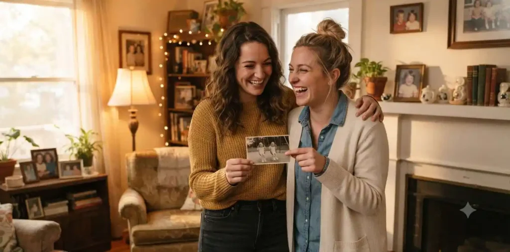 Friends smiling while holding an old childhood photograph
