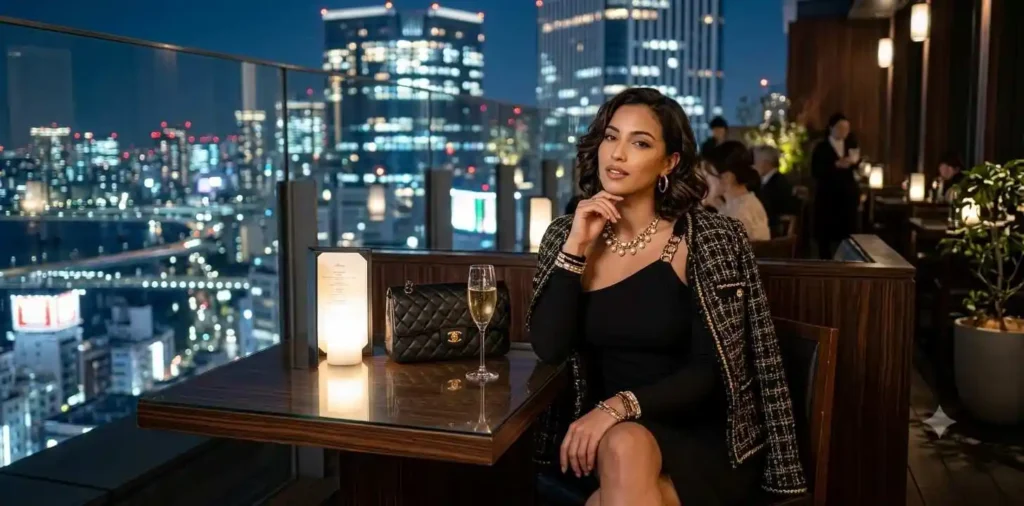 Stylish woman in luxury rooftop fashion